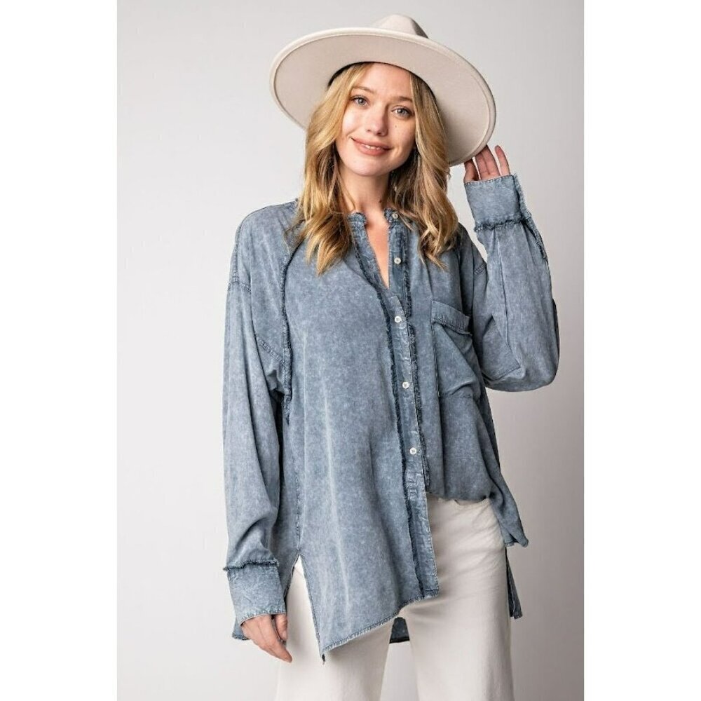 Jadey Mineral Washed Button Down Tunic in Navy